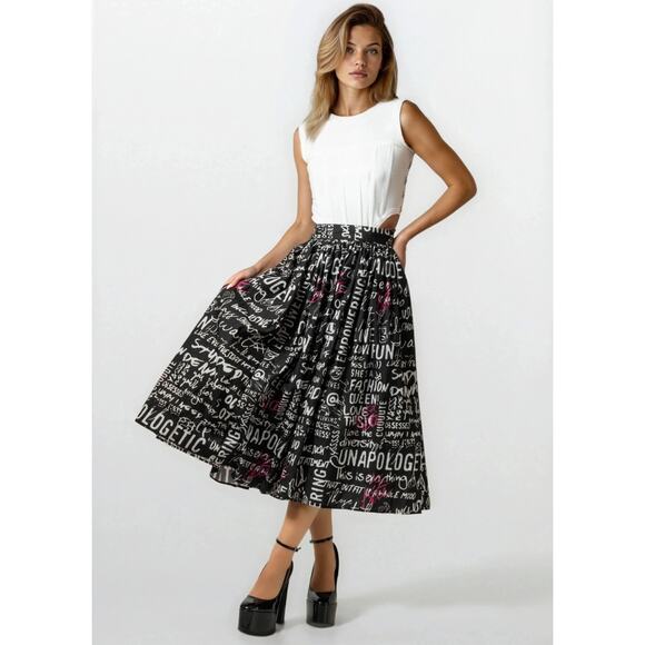 Kate Hewko Graffiti Print Skirt NEW Womens XS Black/White A-Line Pleated Lined - Picture 3 of 8